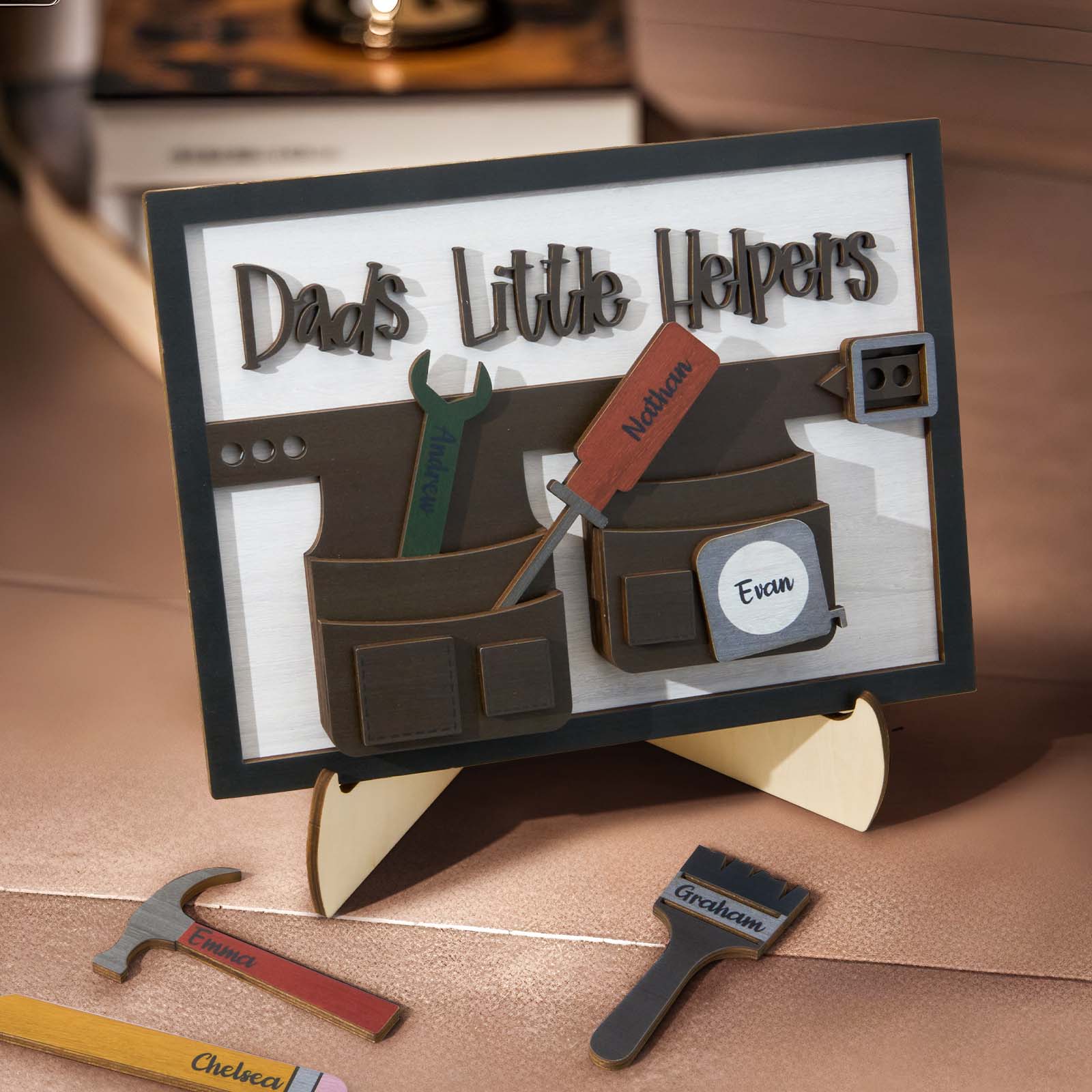 Personalized “Dad’s Little Helpers” Tool Stand – Custom Wood Sign with Kids’ Names