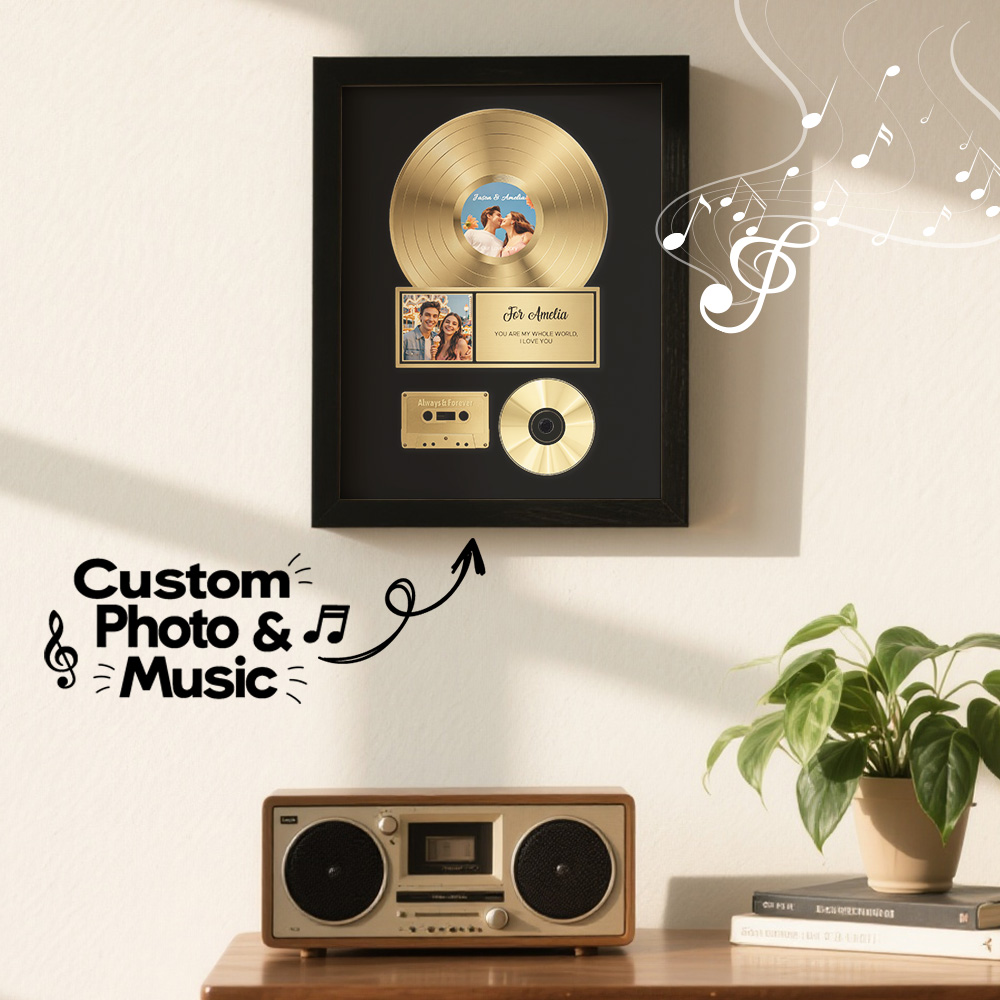 Personalized Golden Record Style Music Decor, Custom Music Photo Name, Custom Photo Music Plaque, Personalized Song Plaque, Click ti Play No Phone Needed for Loved Ones