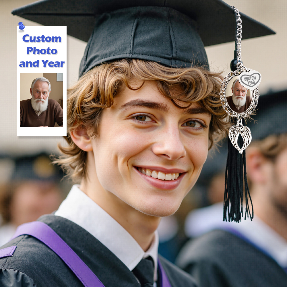 Persoanlized Graduation Tassel Photo Charm with Angel Wings, Memorial Graduation Gift For Her, Graduation 2025