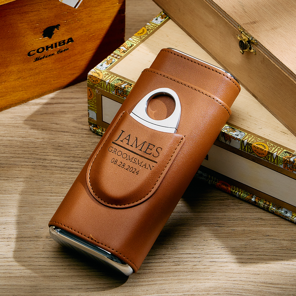 Personalized Cigar Case, Leather Cigar Holder with Cutter, Cigar Travel Case, Groomsmen Gifts, Gift for Dad Husband Gift for Him - MyHawaiianShirts