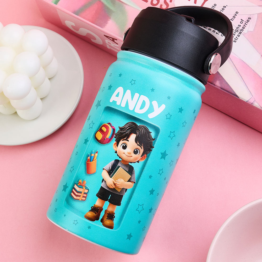 Custom Photo 3D Inflated Effect Printed Kids Water Bottle - Personalized Back To School Gifts For Kids