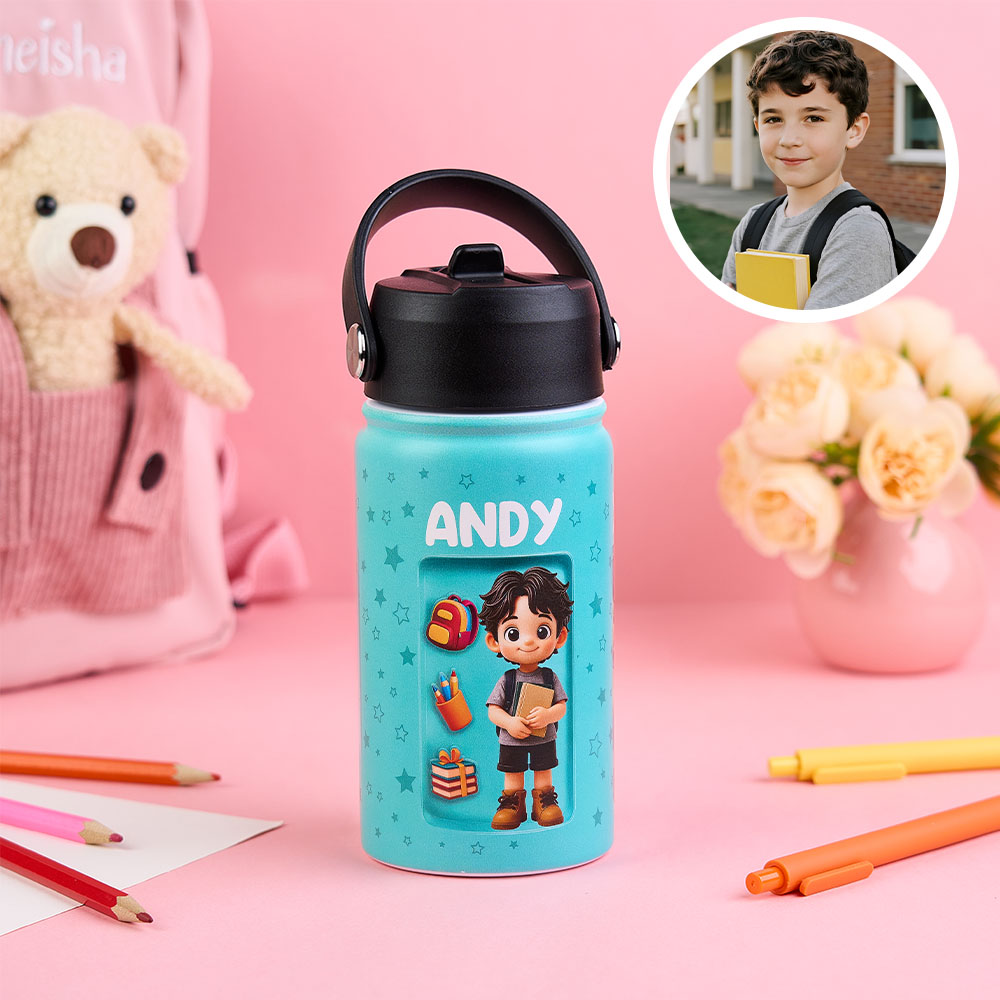Custom Photo 3D Inflated Effect Printed Kids Water Bottle - Personalized Back To School Gifts For Kids