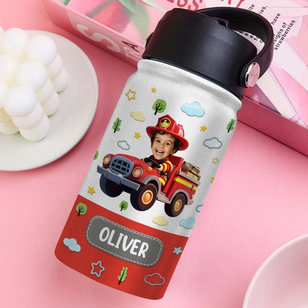 Custom Photo And Name Printed Kids Water Bottle Gift For Kids With Engineering Vehicles