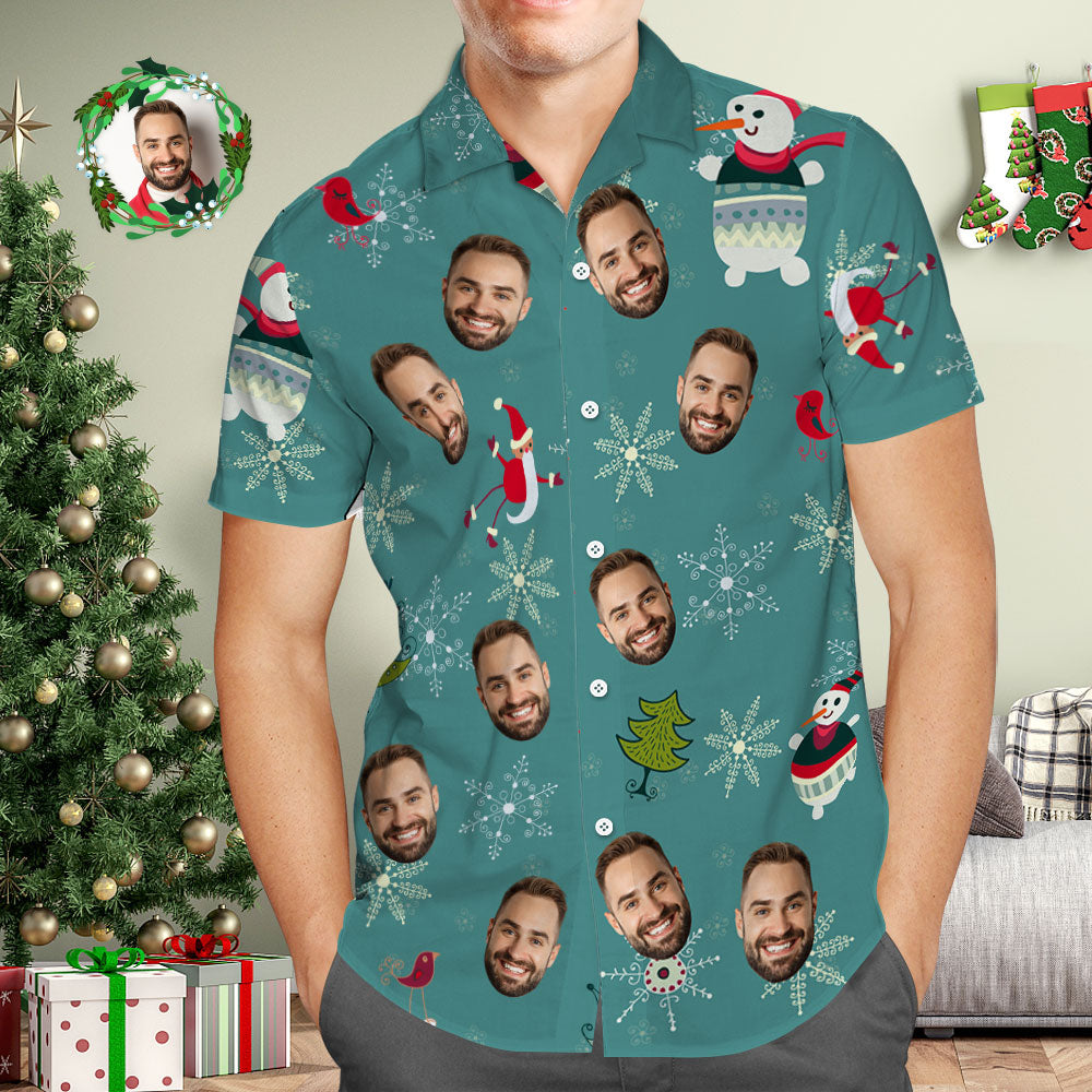 Custom Face Hawaiian Shirt Snowflakes and Snowmen Green Hawaiian Shirts Christmas Gift for Him - MyHawaiianShirts