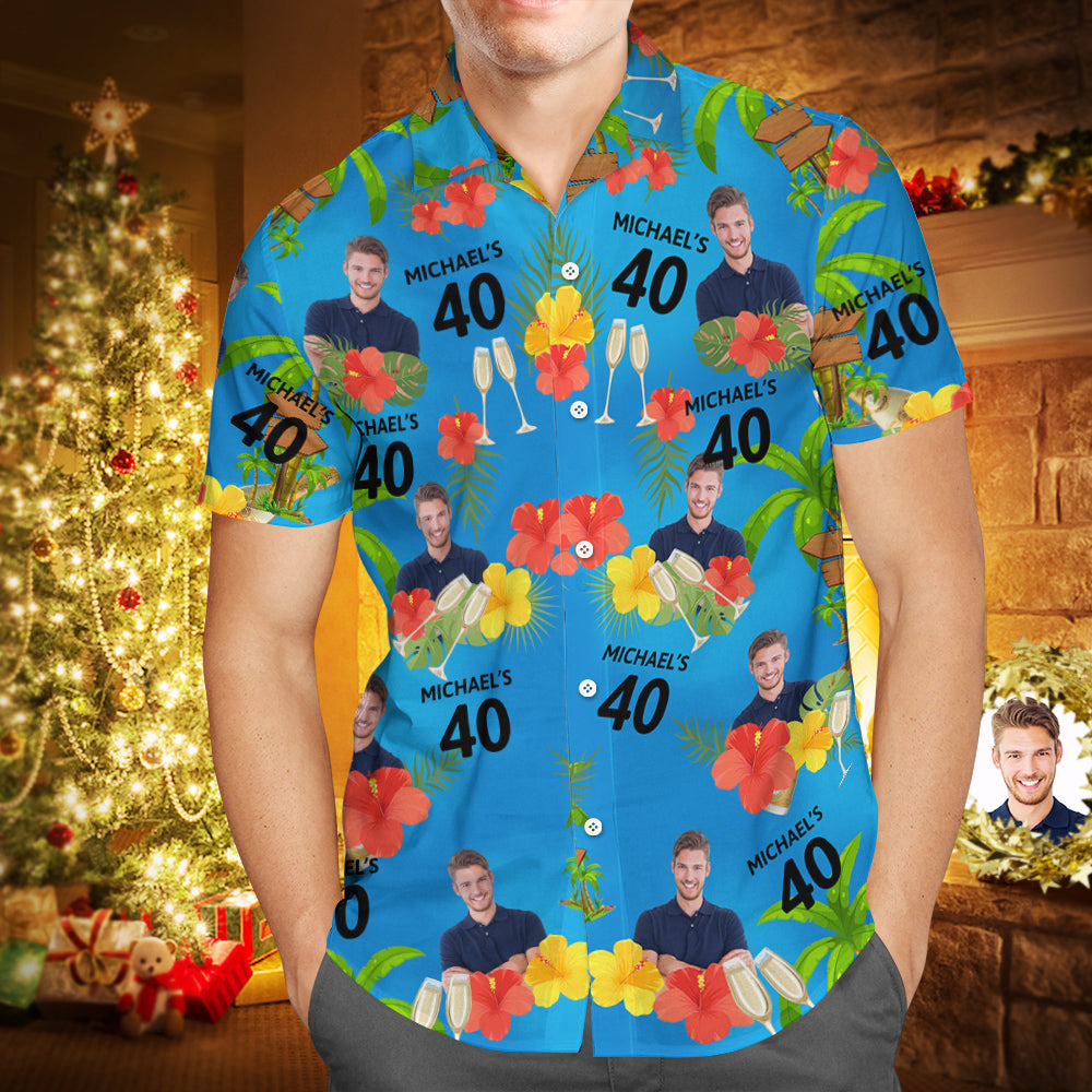 Custom Your Own Face Birthday Hawaiian Shirt Custom Date and Name Yellow and Red Flowers Shirt - MyHawaiianShirts