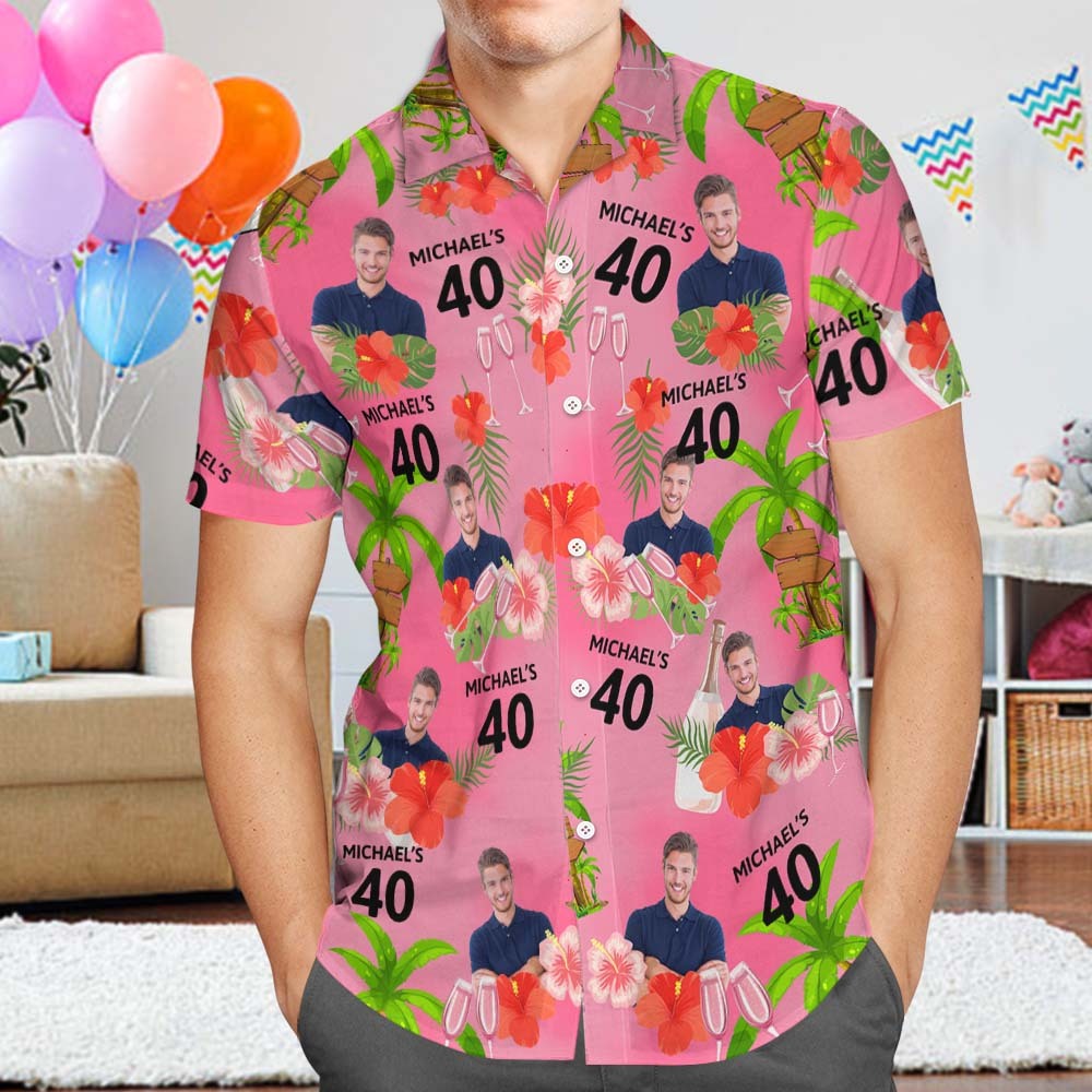 Custom Pink Date and Name Birthday Face Hawaiian Shirt Red Flower and Coconut Tree Hawaiian Shirt