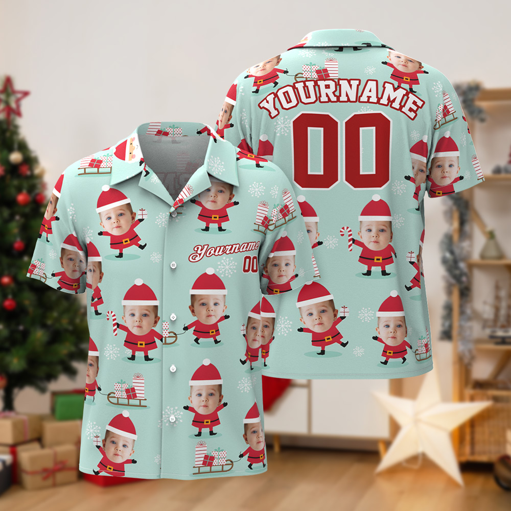 Custom Face Hawaiian Shirts Personalized Photo Gift Men's Christmas Shirts Gift - Happy Santa
