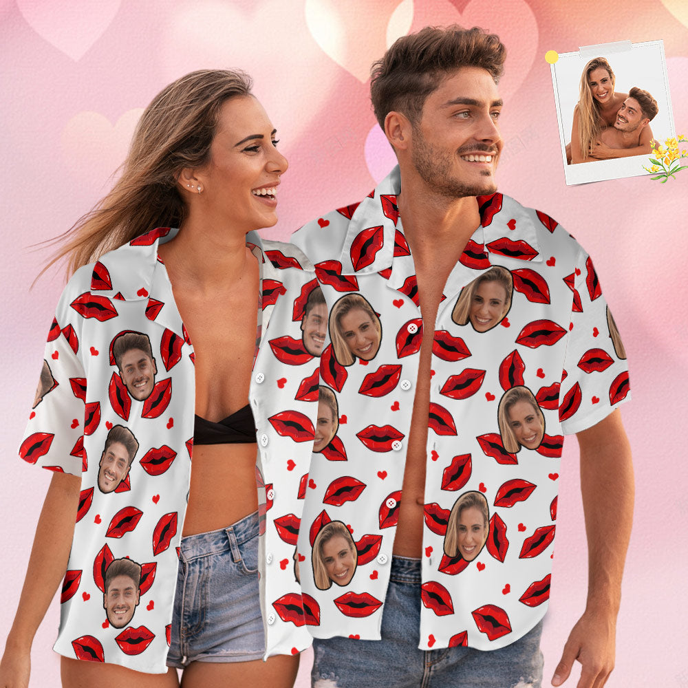 Custom Face Hawaiian Style Shirt Funny Red Lips Couple Outfit - MyHawaiianShirts