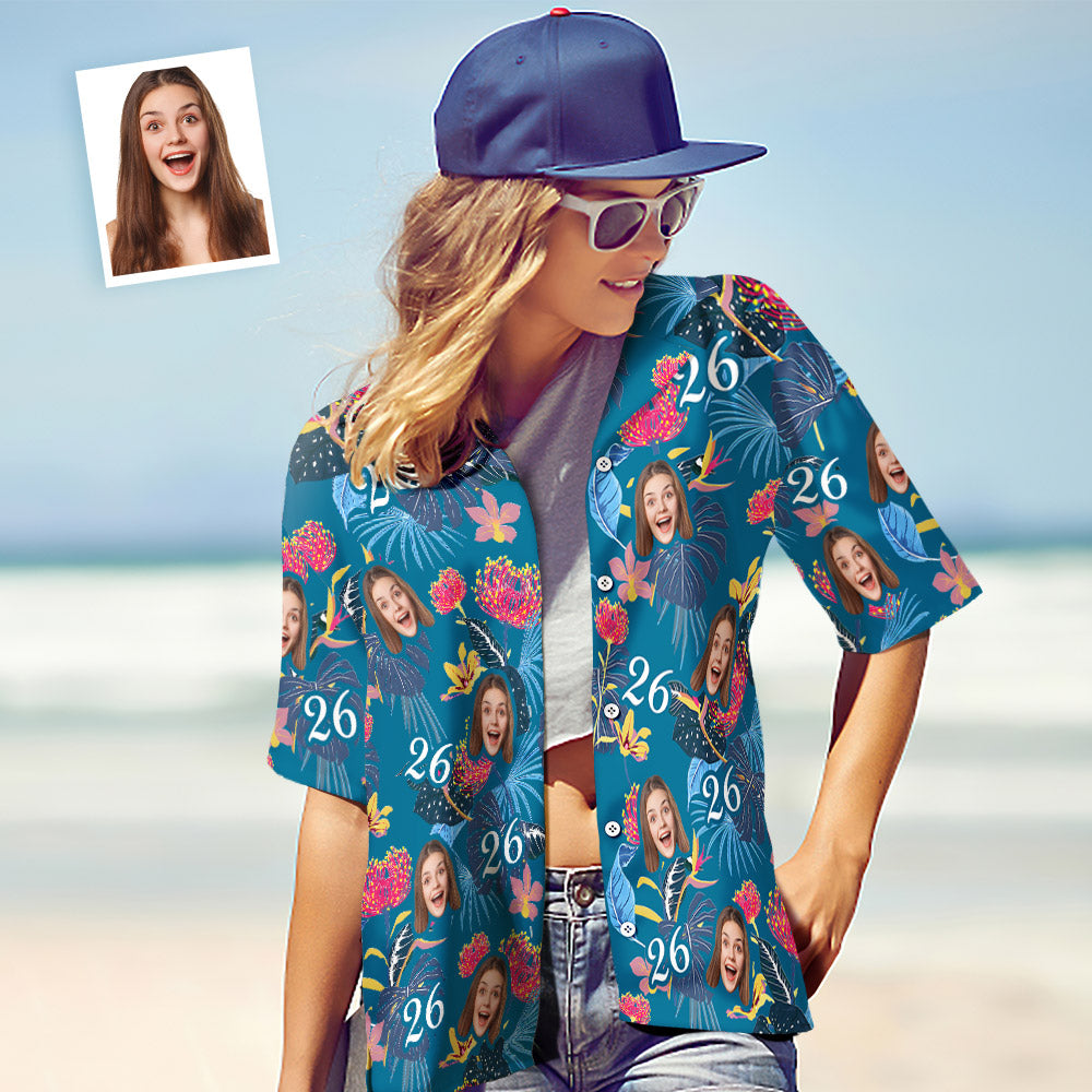 Custom Face Hawaiian Shirt Number and Face Hawaiian Shirt Dark Blue Sleeves and Pink Flowers Gift For Women - MyHawaiianShirts