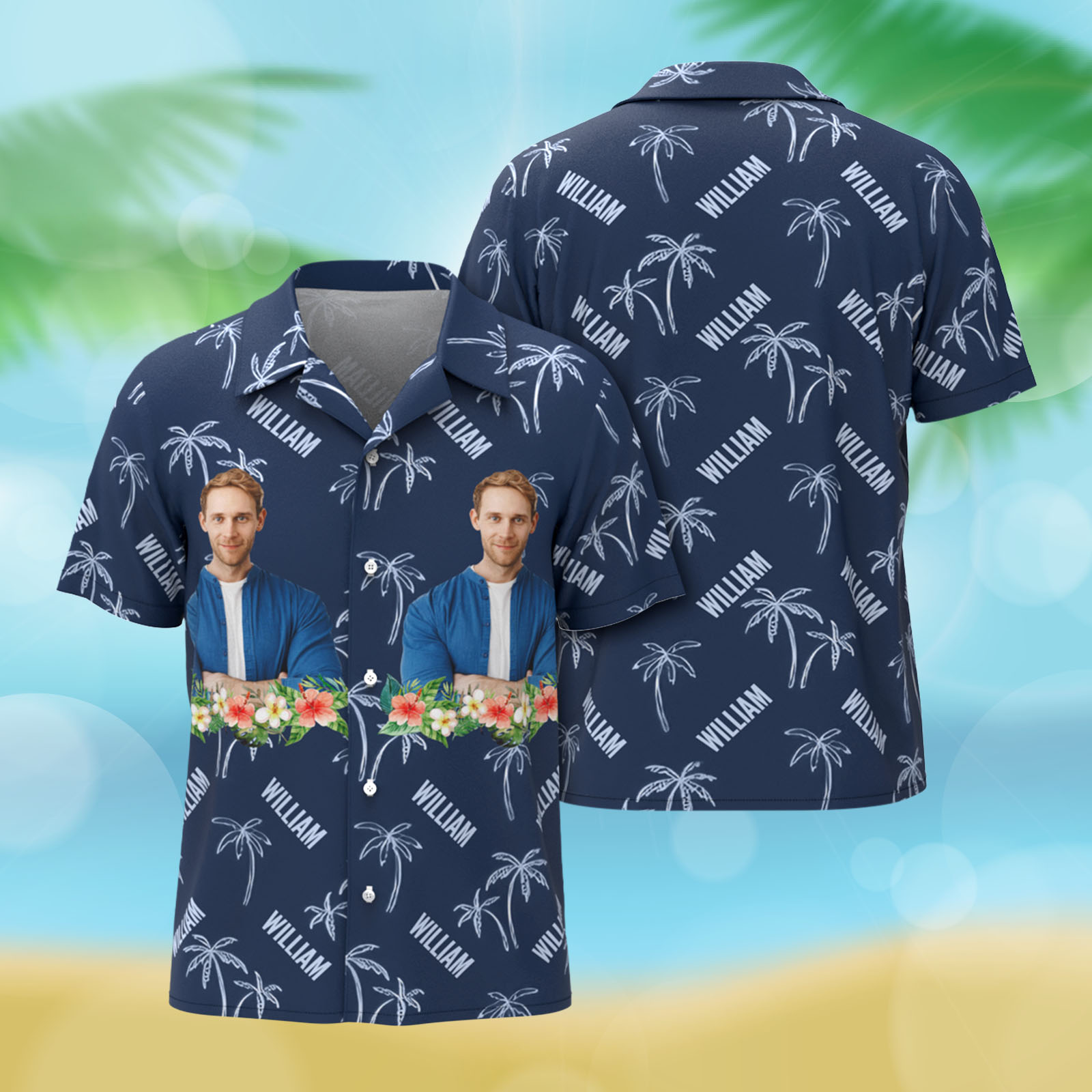Name & Photo Hawaiian Shirts Men Dark Blue Button-down Shirts Personalized Beach Shirts