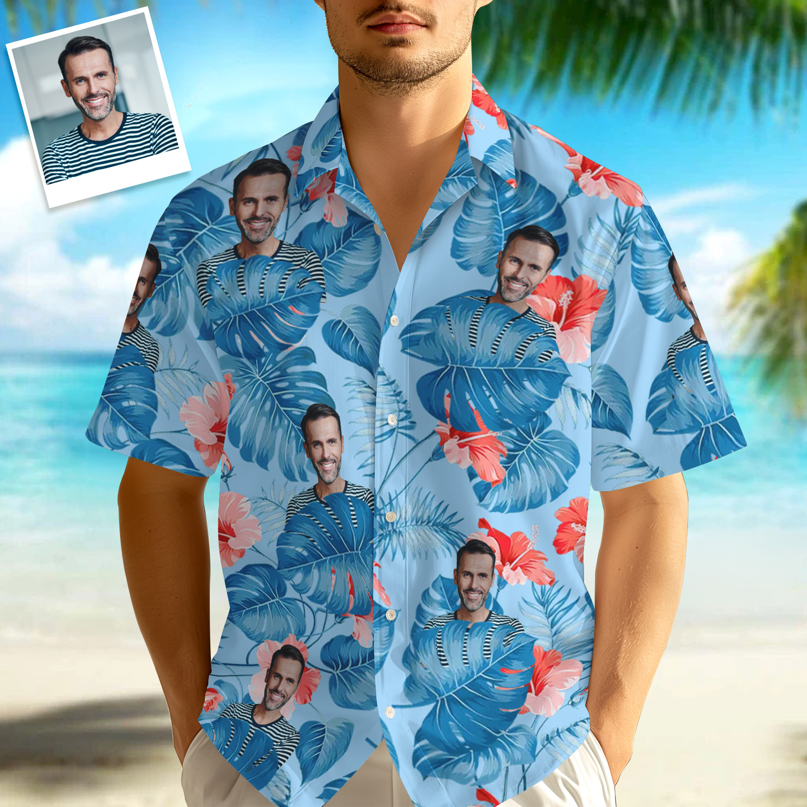 Custom Hawaiian Shirt Photo Leaves And Flower Hawaiian Shirt  Personalized Photo Hawaiian Shirt With 1-5 Photos