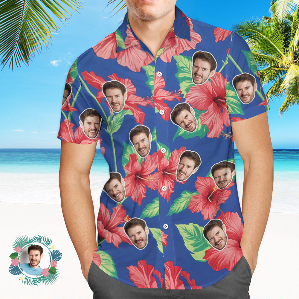 Custom Face Shirt Tropical Blue Passionate Red Flowers Hawaiian Casual Shirt