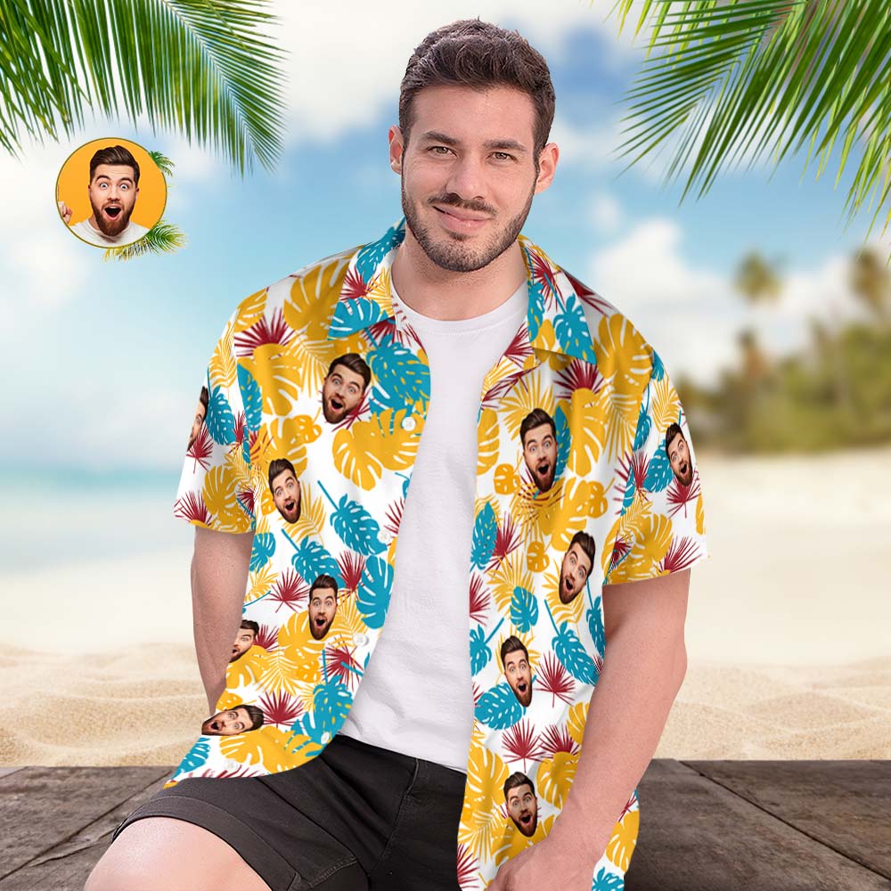 Custom Face Hawaiian Shirts Yellow And Blue Leaves Beach Hawaiian Shirt - MyFaceSocks