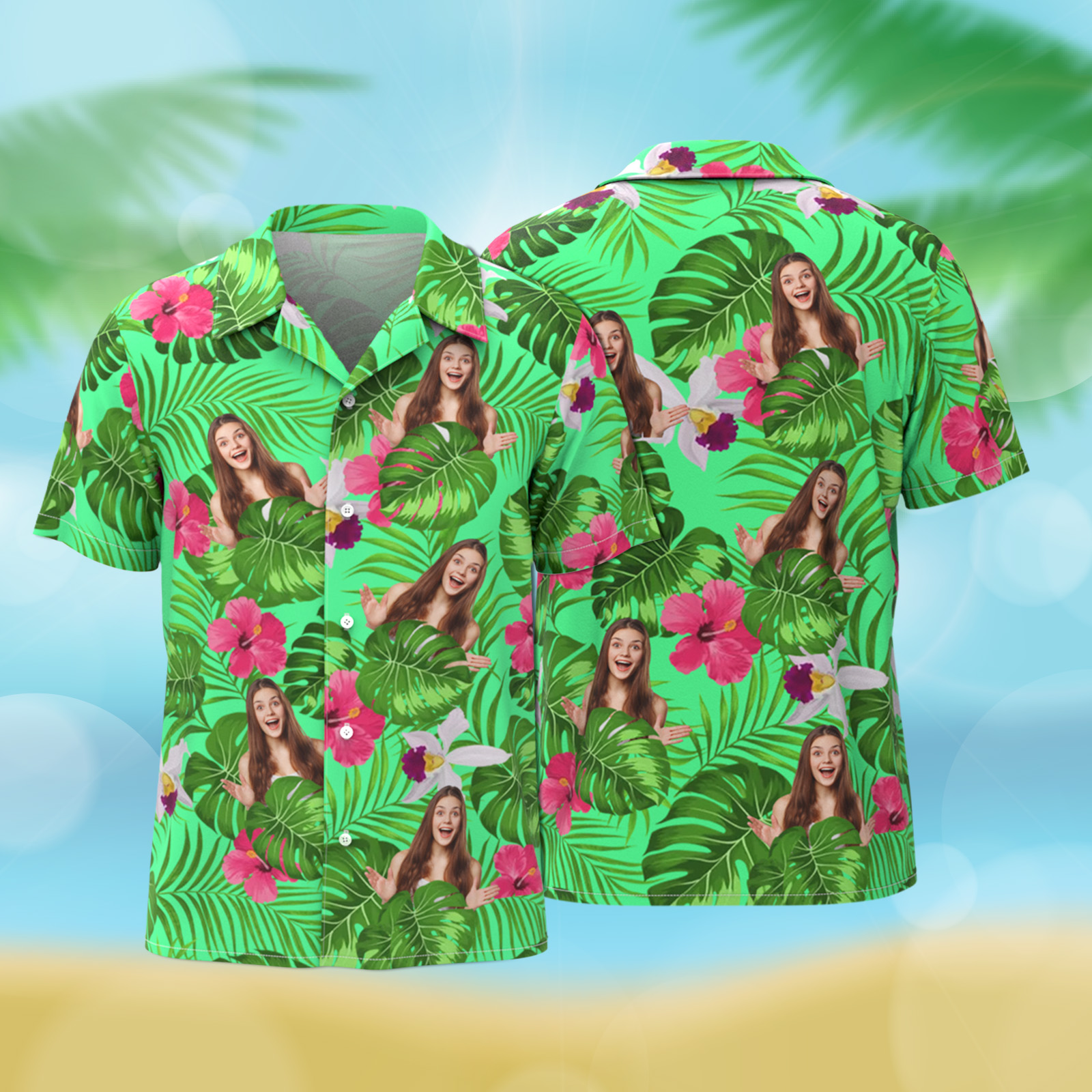Custom Photo Tropical Style Hawaii Shirt, 1-3 Photos Optional, Bright Hawaiian Button-down Shirt