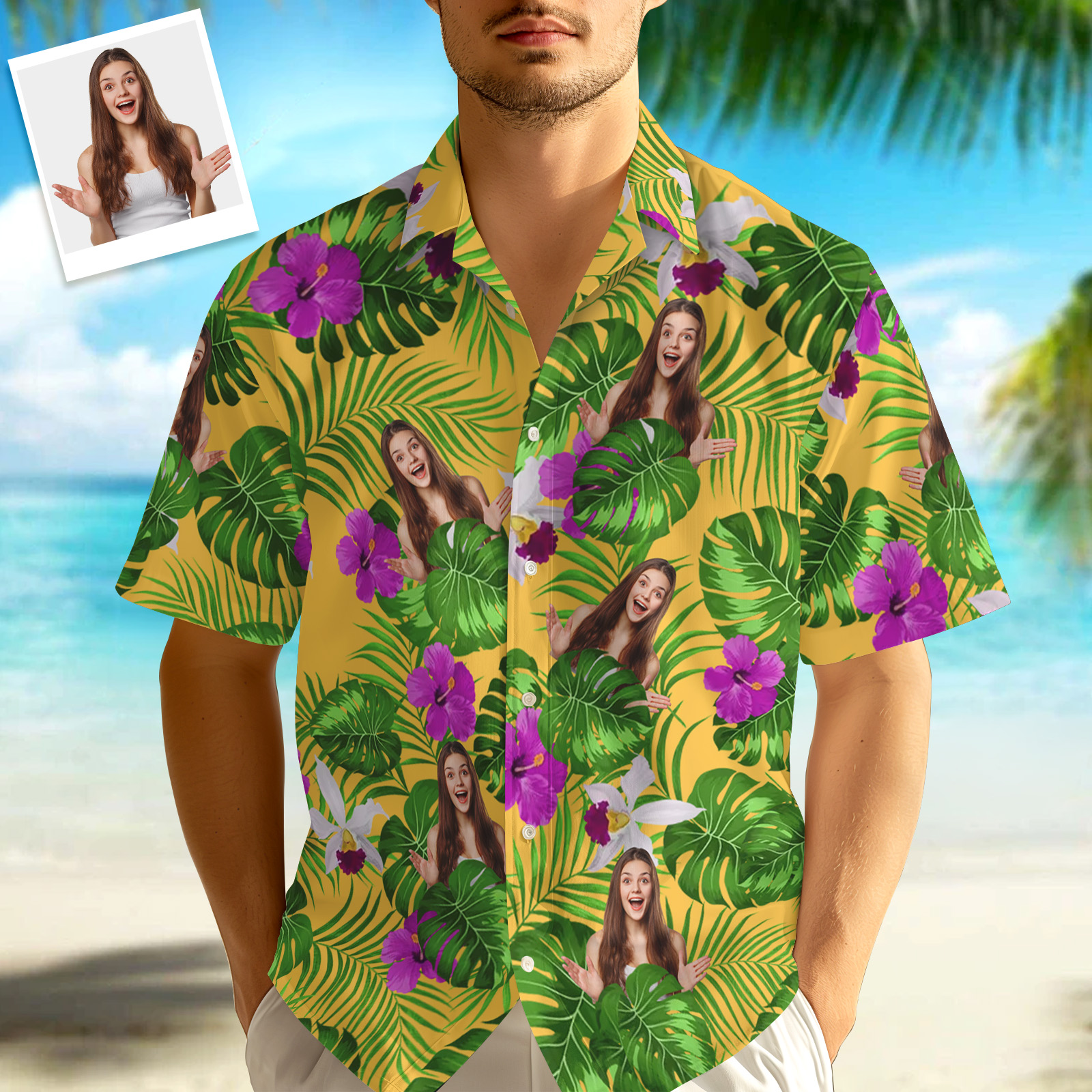 Custom Photo Tropical Style Hawaii Shirt, 1-3 Photos Optional, Bright Hawaiian Button-down Shirt