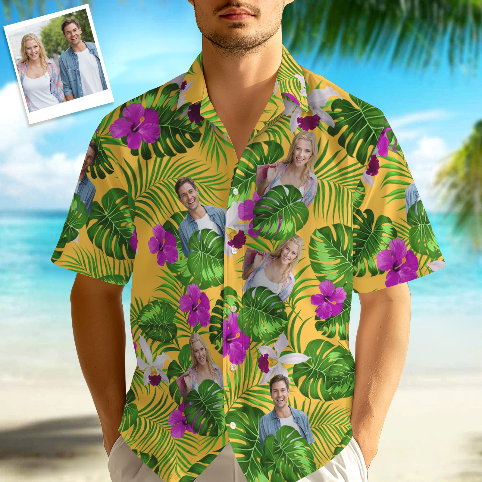 Custom Photo Tropical Style Hawaii Shirt, 1-3 Photos Optional, Bright Hawaiian Button-down Shirt