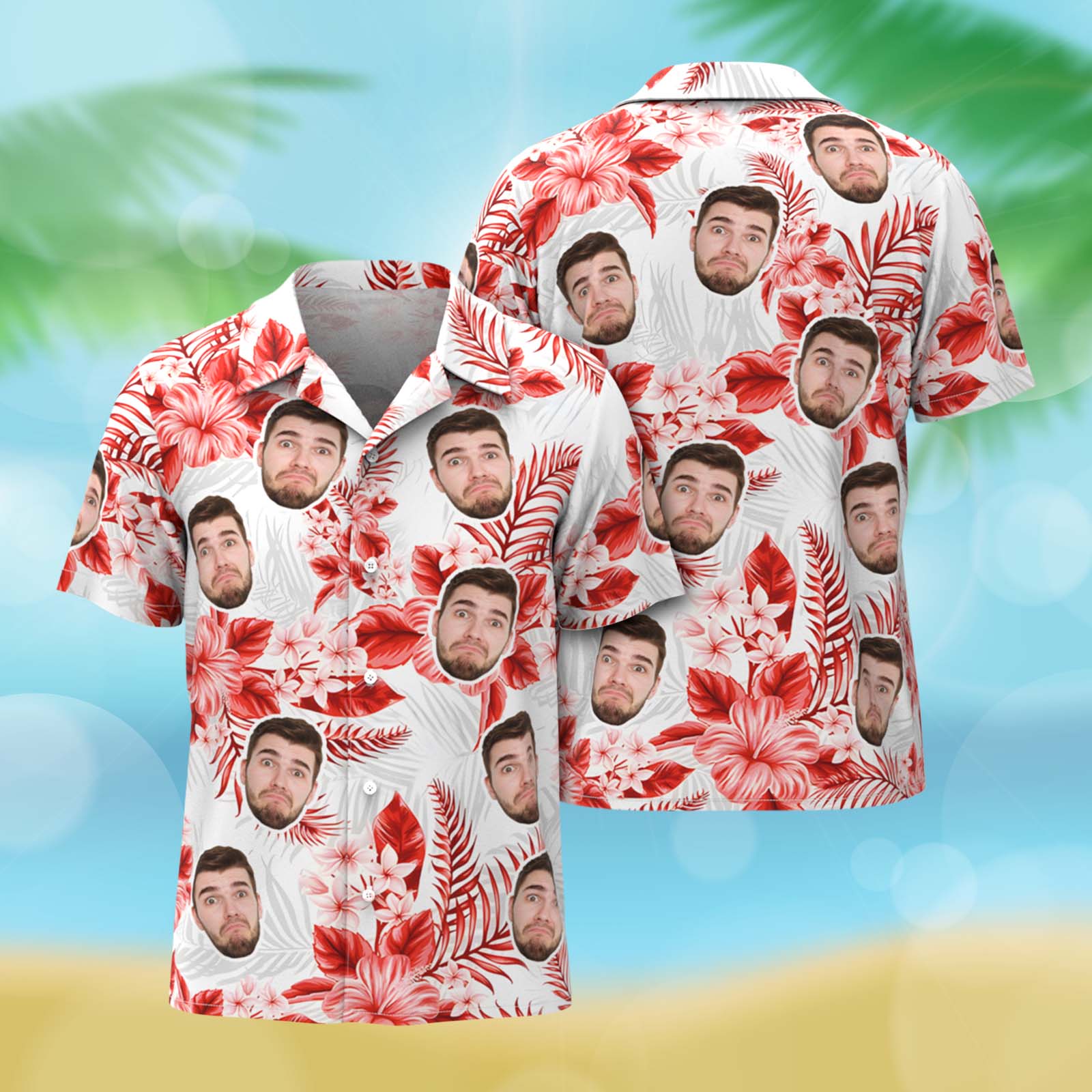 Custom Face Hawaiian Shirts Red Flower Leaves Button-down Shirts Personalized Men Shirts