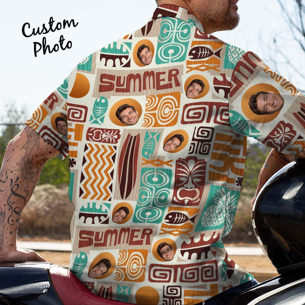 Father Custom Face With Exotic Tiki Pattern Personalized Photo Hawaiian Shirt - MyHawaiianShirts