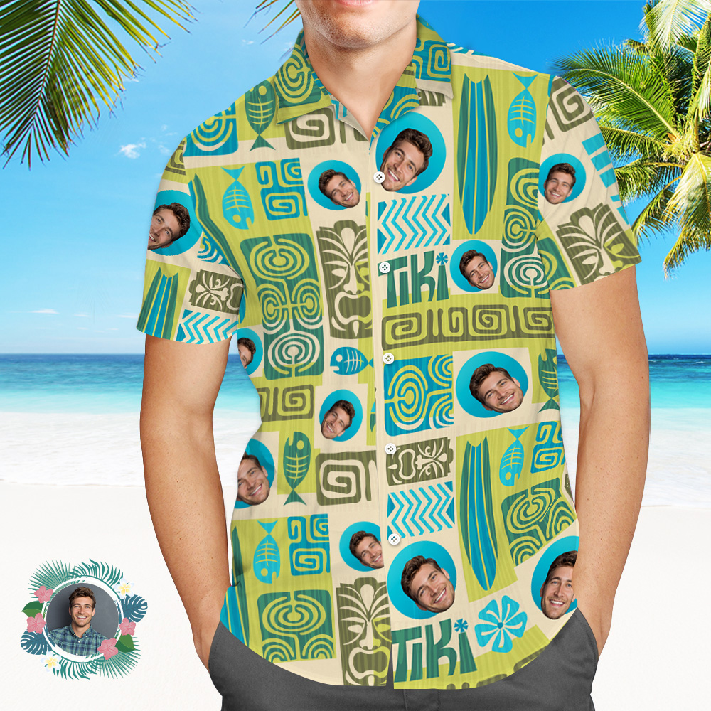 Father Custom Face With Exotic Tiki Pattern Personalized Photo Hawaiian Shirt - MyHawaiianShirts