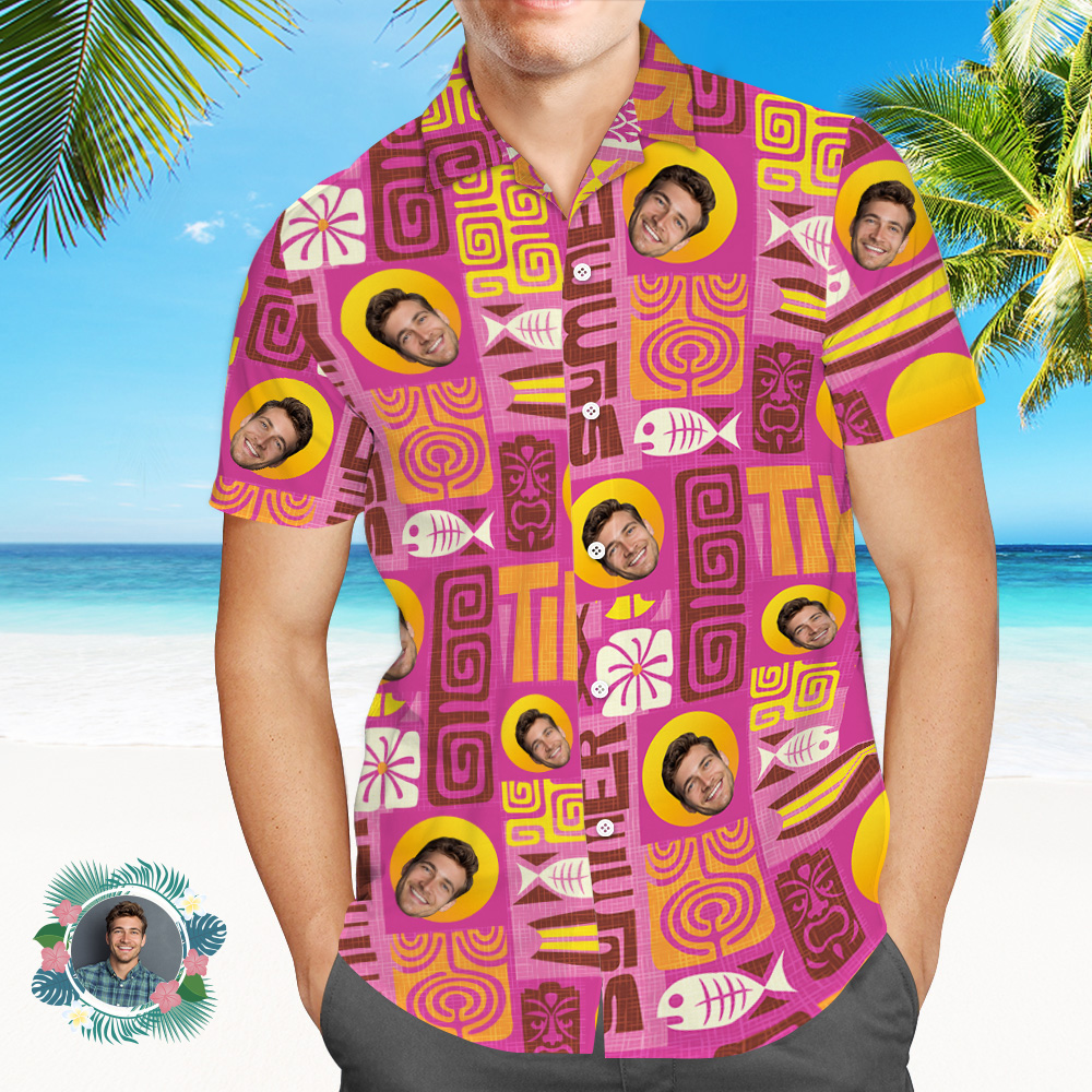 Father Custom Face With Exotic Tiki Pattern Personalized Photo Hawaiian Shirt - MyHawaiianShirts