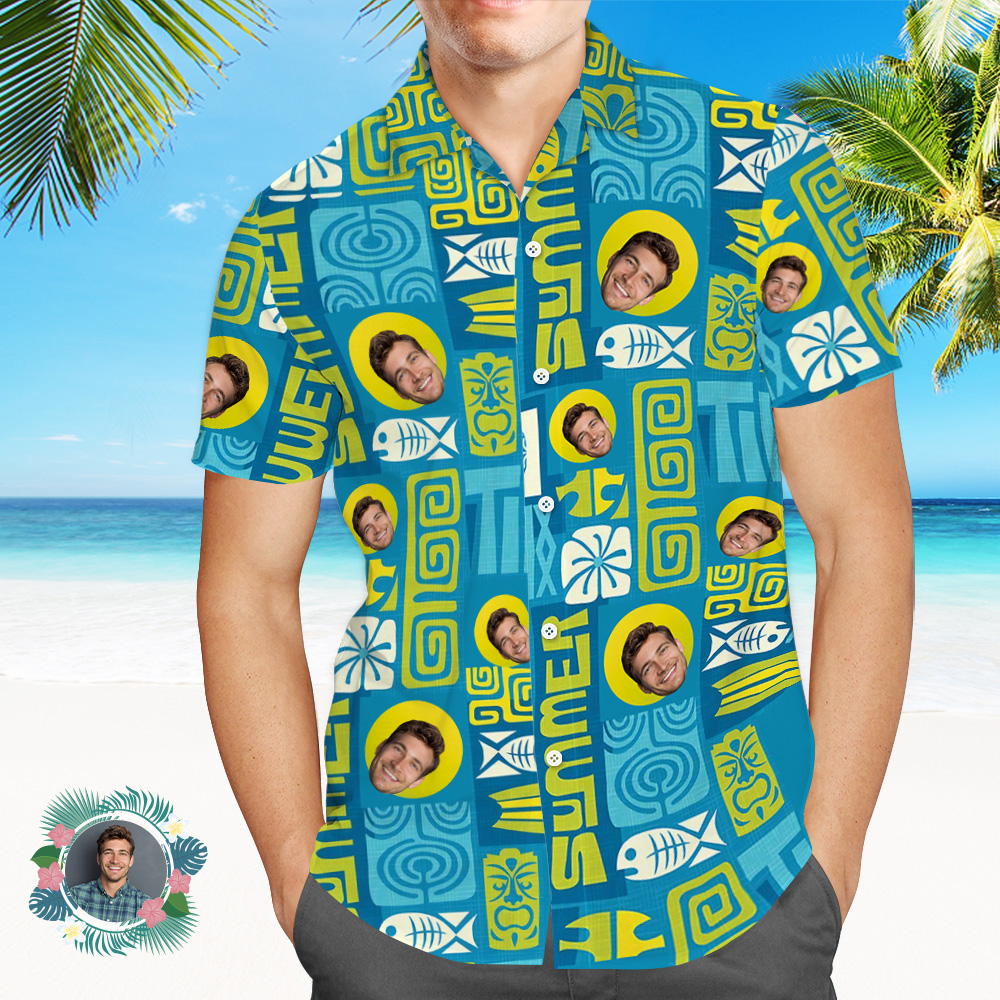 Father Custom Face With Exotic Tiki Pattern Personalized Photo Hawaiian Shirt - MyHawaiianShirts
