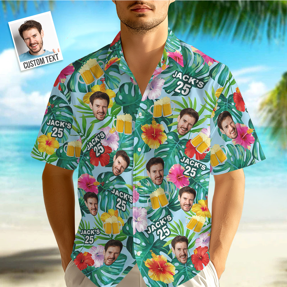 Custom Photo Birthday Shirt Personalized Tropical Plants & Beer Hawaiian Shirts With Age & Name Gift For Birthday