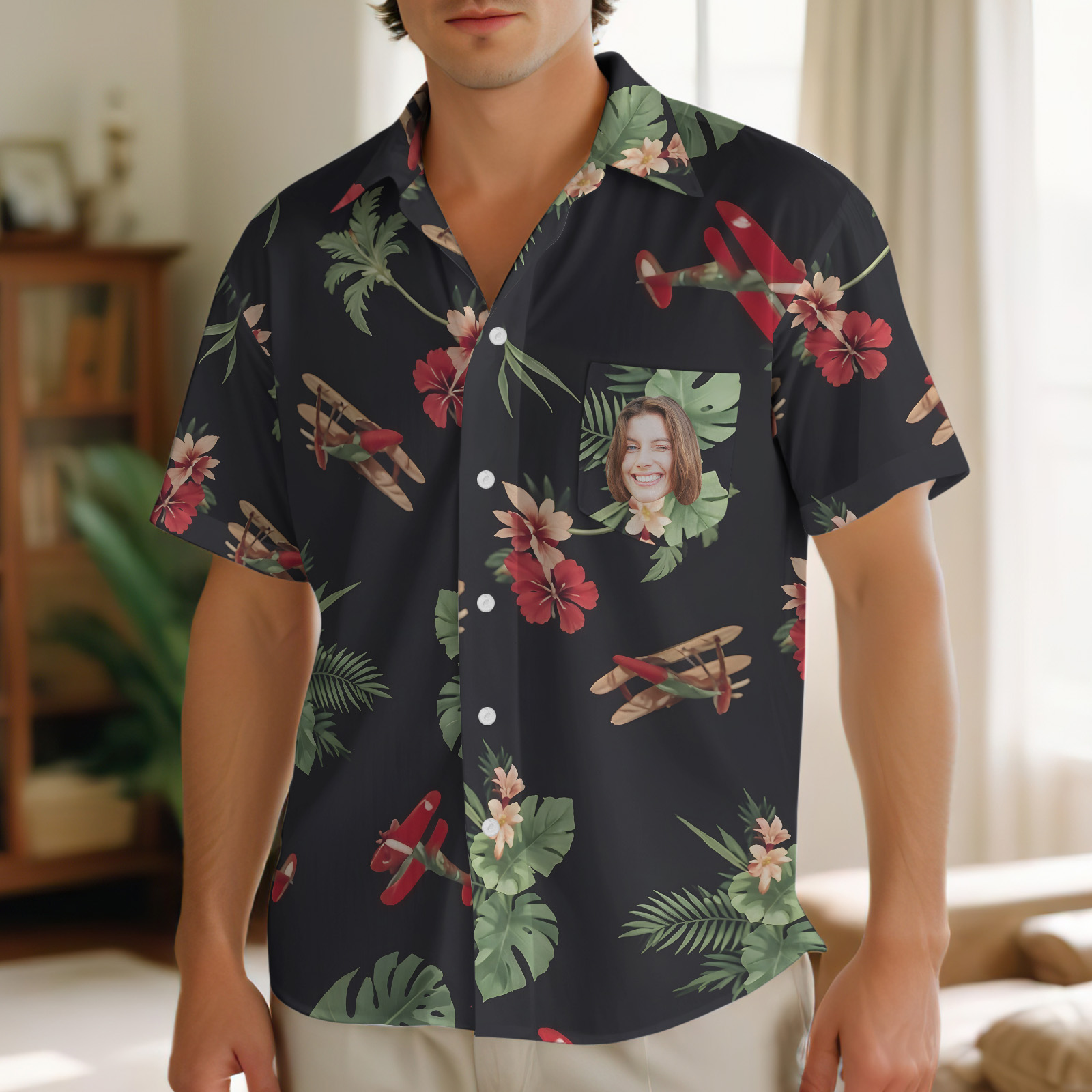 Custom Face Black Tropical Flowers & Leaves Shirts Custom Beach Shirts For Him