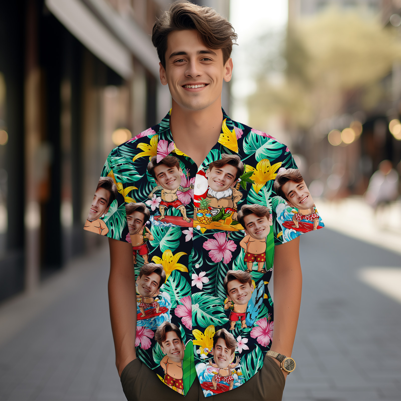 Custom Tropical Beach Christmas Face Button-down Shirts Custom Face Hawaiian Shirts Gifts For Him