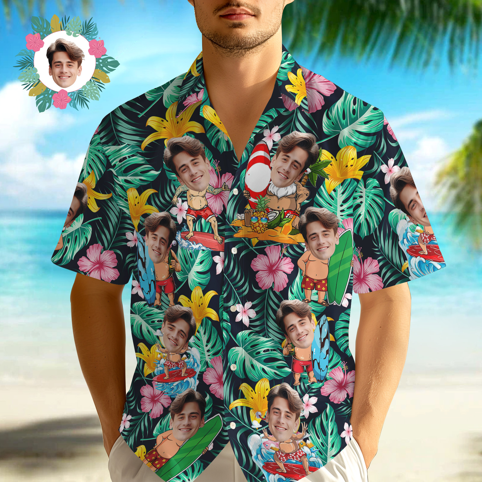 Custom Tropical Beach Christmas Face Button-down Shirts Custom Face Hawaiian Shirts Gifts For Him