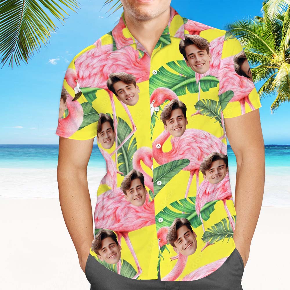  Colorful Flamingo Aloha Beach Shirt Custom Face Hawaiian Shirts - Yellow