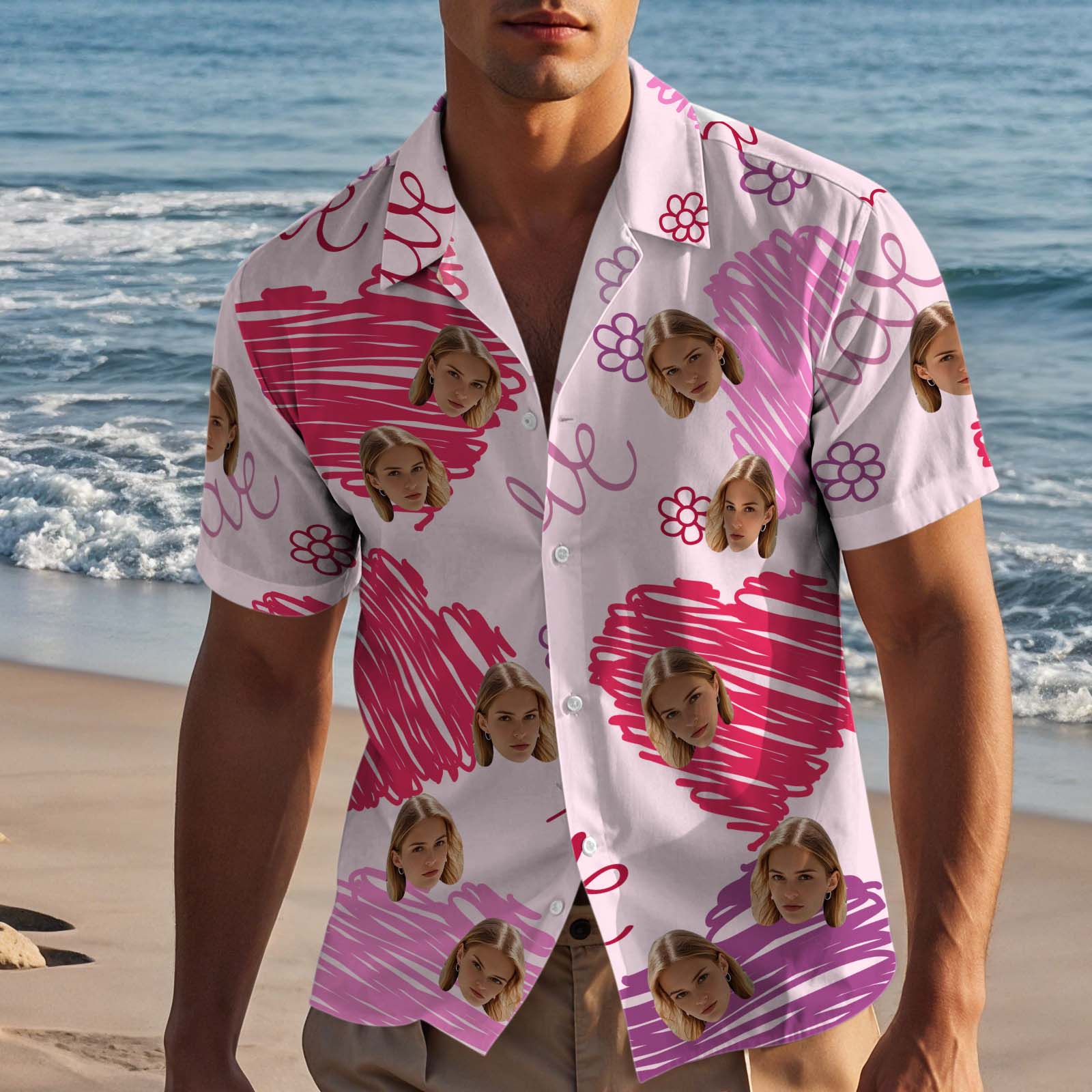 Custom Face Hawaiian Shirt For Couple PinkHeart Button-down Shirt Valentine's Day Gift
