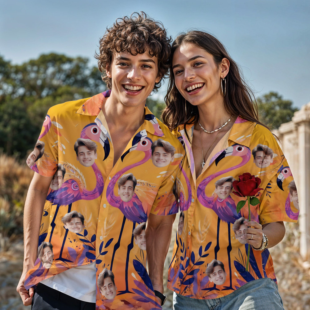 Custom Couple Hawaiian Flamingo Tropical Style Shirt Passionate Orange Button-down Shirt Gifts For Couple