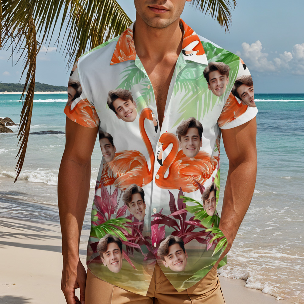 Custom Face Hawaiian Flamingo Valentine's day Shirt Personalized Button-down Shirt Gifts For Couple