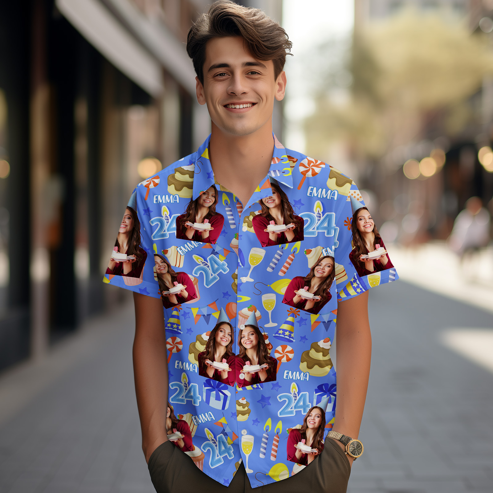 Custom Face Hawaiian Shirt Personalized Birthday Cake Name and Age Face Men Hawaiian Shirt Birthday Party Gift - MyPhotoSocks