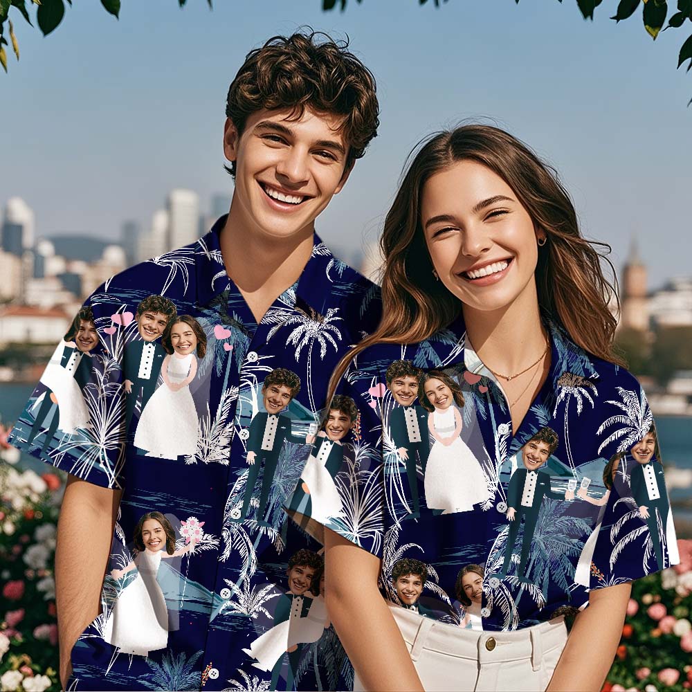 Custom Face Hawaiian Shirt Wedding Couple Face Hawaiian Shirt Personalized Blue Leaves Wedding Dress - MyPhotoSocks