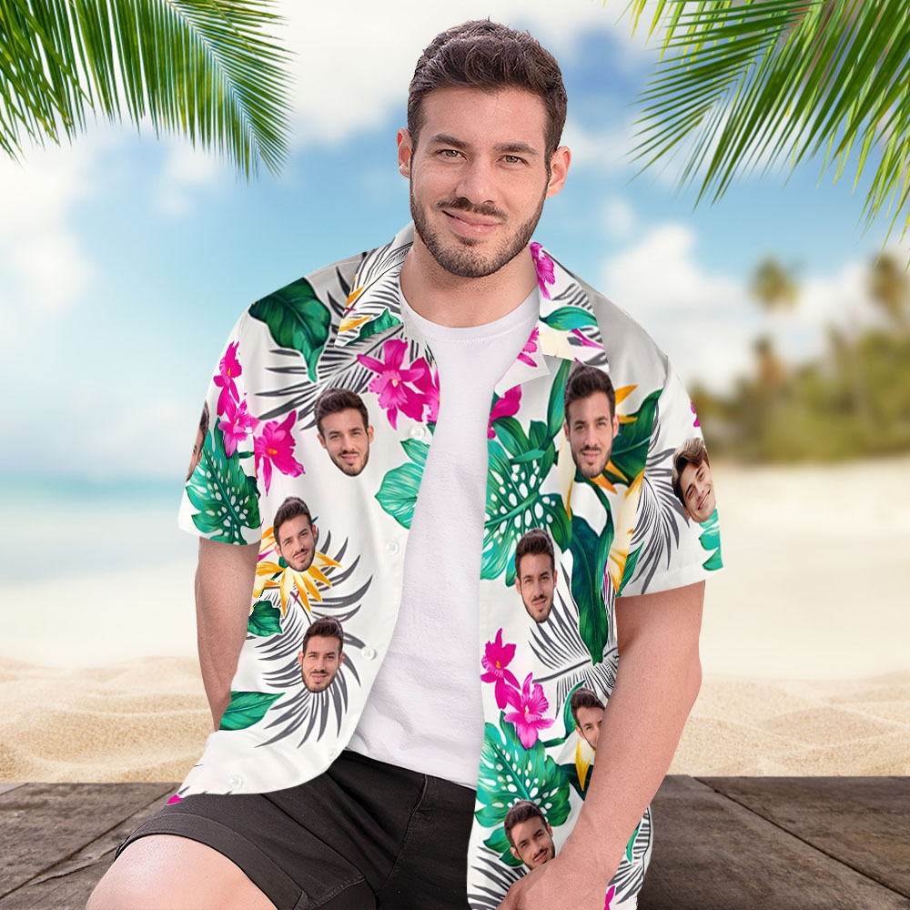 Custom Face Hawaiian Shirt – Tropical Flowers & Palm Leaves Aloha Style
