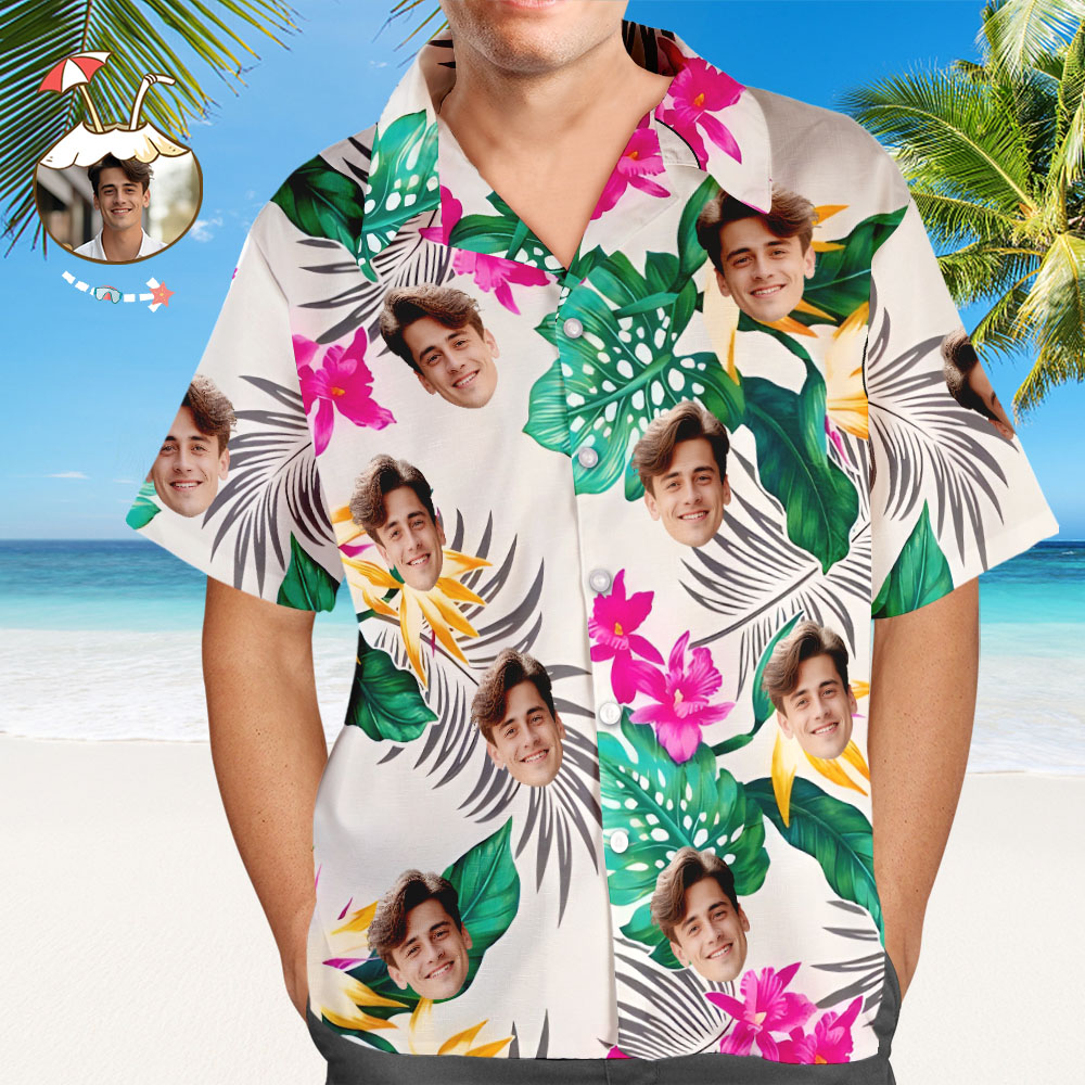 Custom Face Hawaiian Shirt – Tropical Flowers & Palm Leaves Aloha Style