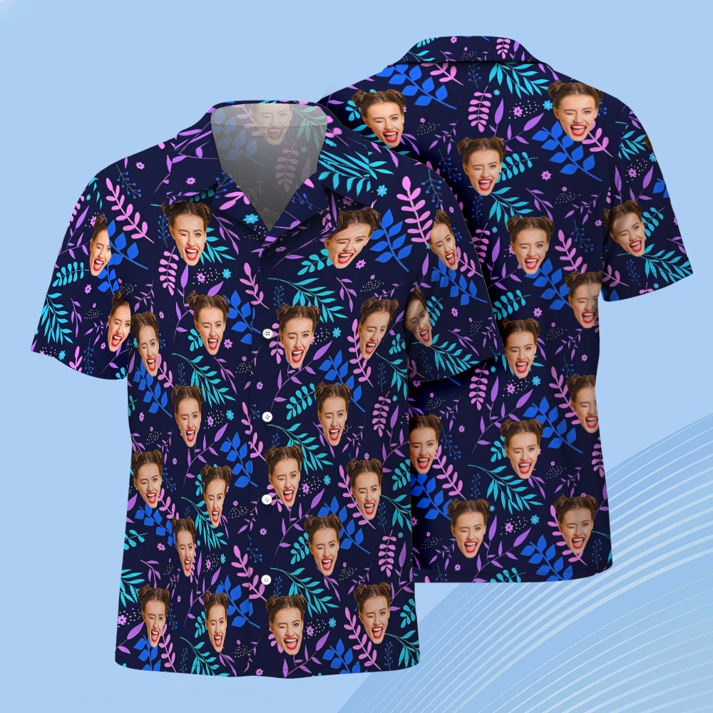 Colorful Tropical Leaves Custom Face Shirt Personalized Hawaiian Shirt for Men, Vacation, Birthday Party, Trip Gift