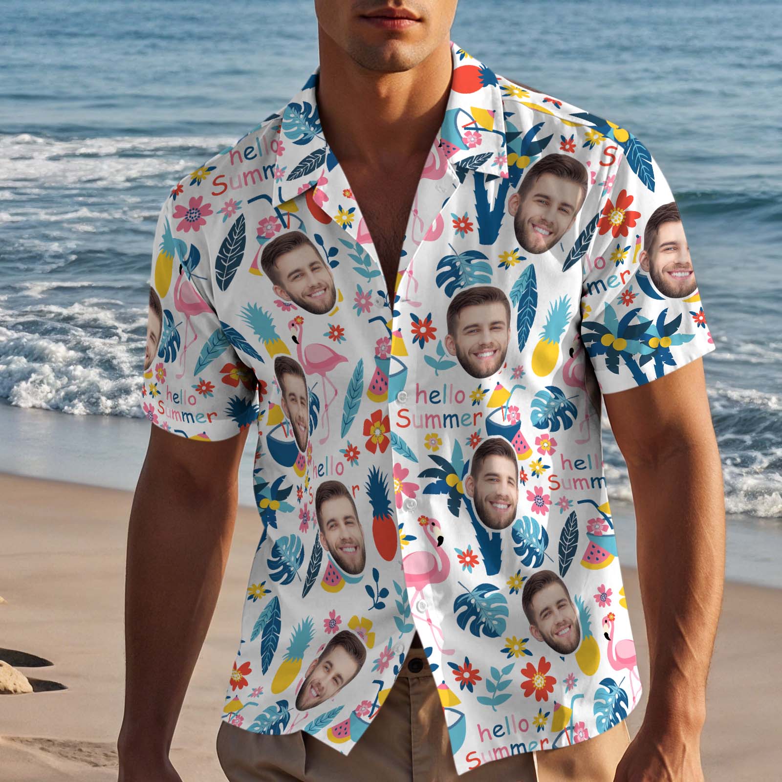 Custom Hawaiian Shirts WIth Face Men Aloha Shirts Cute Tropical Plants & Flamingos Shirts For Him