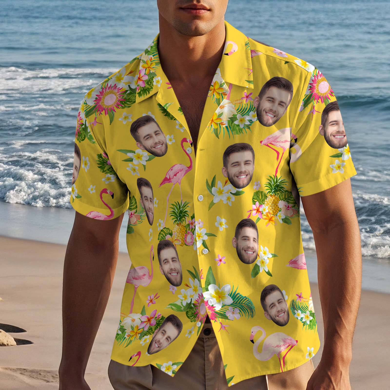 Custom Hawaiian Shirts Face Tropical Plants & Flamingos Aloha Shirt For Him - Yellow