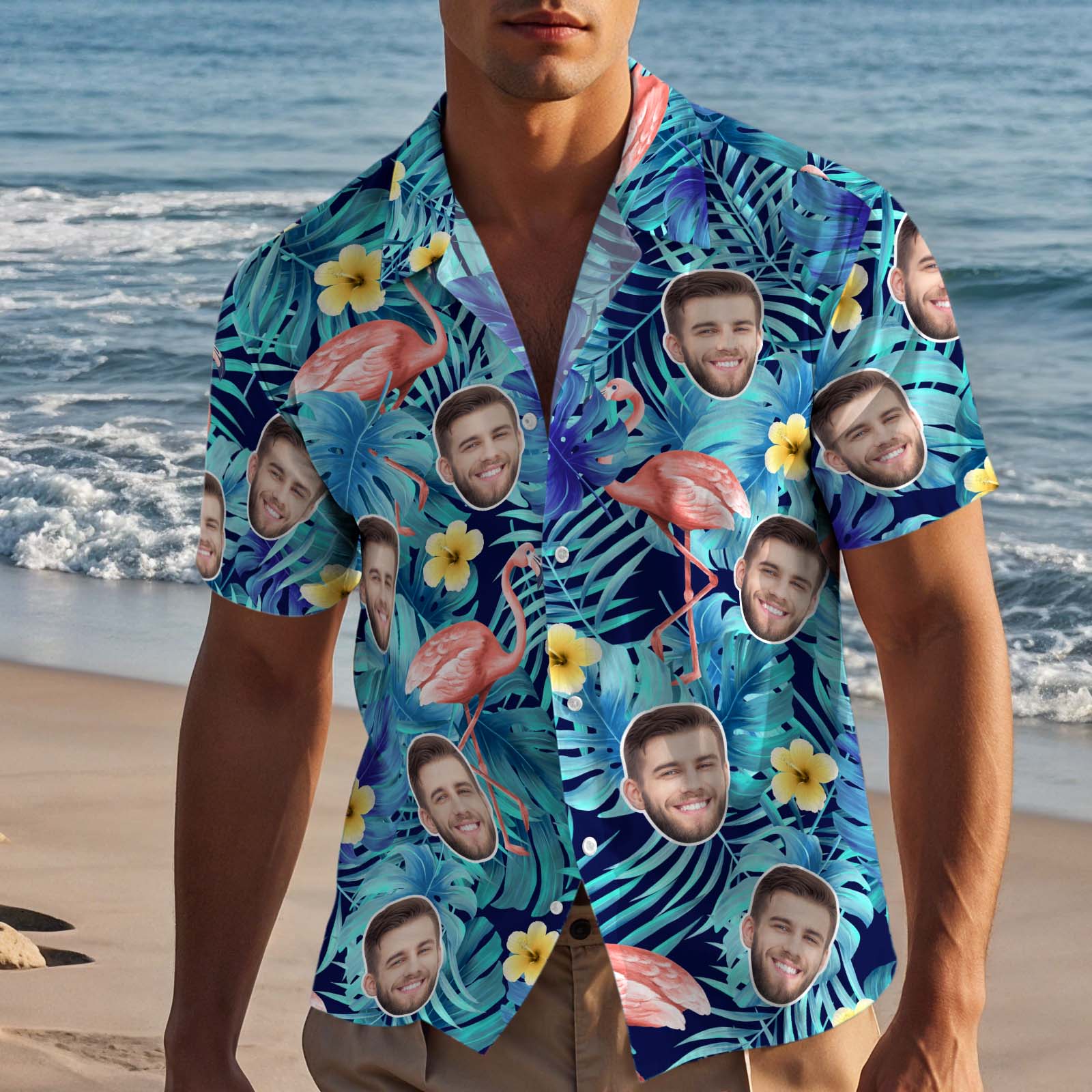 Custom Face Hawaiian Shirts Flamingo Aloha Beach Shirt Men Casual Button-Down Shirts - Blue