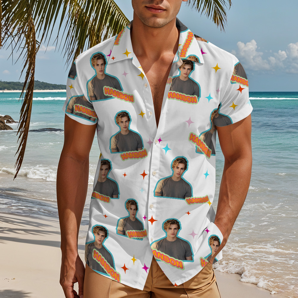 90s Pop Custom Face White Camp‑Collar Shirt Personalized Retro Shirt for Summer Trips, Birthday, or Bachelor Party