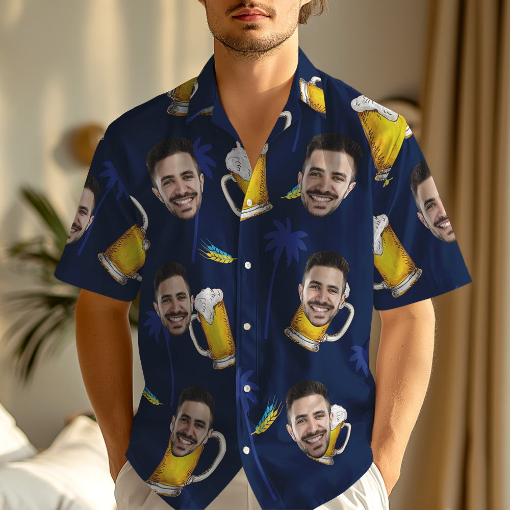 Custom Face Hawaiian Shirt Navy Blue with Beer Design Funny Vacation Style Men Shirt