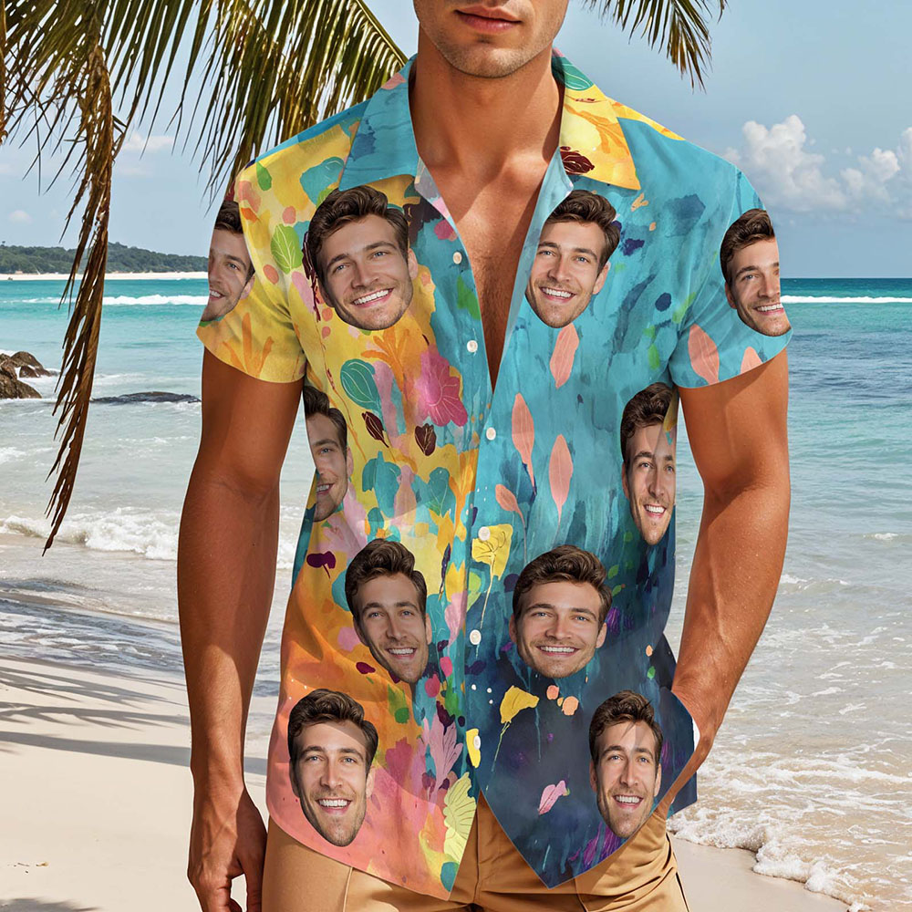 Custom Hawaiian Shirt with Blue Yellow Leaves Oil Painting-style Personalized Gift for Men