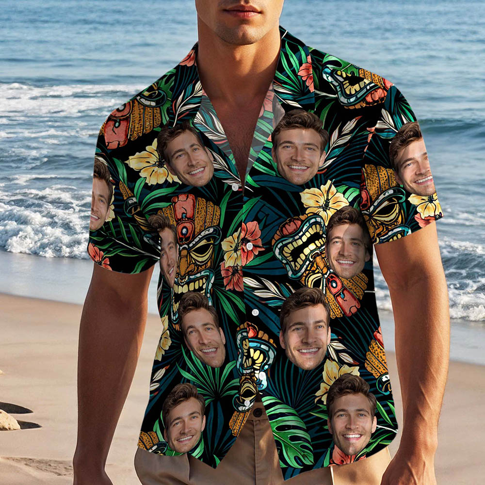Custom Face Shirt Tiki Tropical Palm Personalized Hawaiian Aloha Shirt Vacation Party Outfit for Men