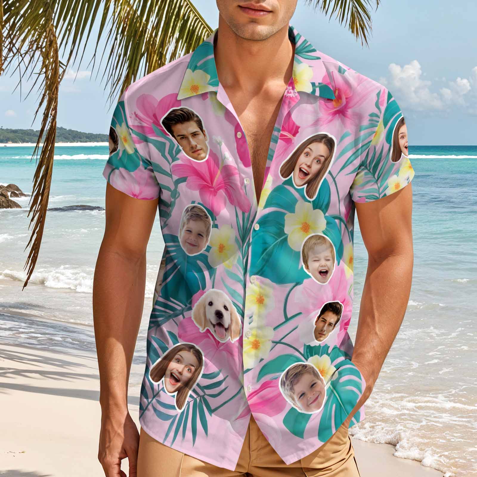 Custom Face Hawaiian Shirt Personalized Pink Flowers Aloha Shirt Custom Beach Outfit For Him