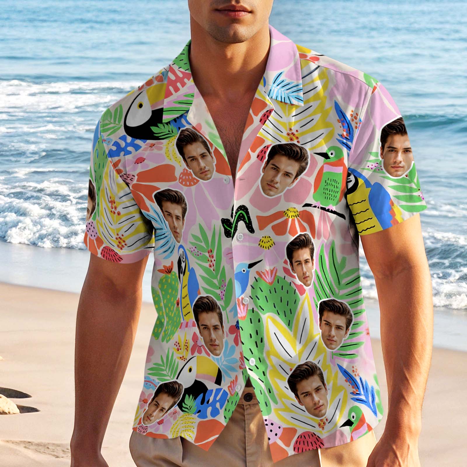 Colorful Tropical Custom Face Hawaiian Shirt Personalized Aloha Shirt Summer Beach Party Outfit for Men