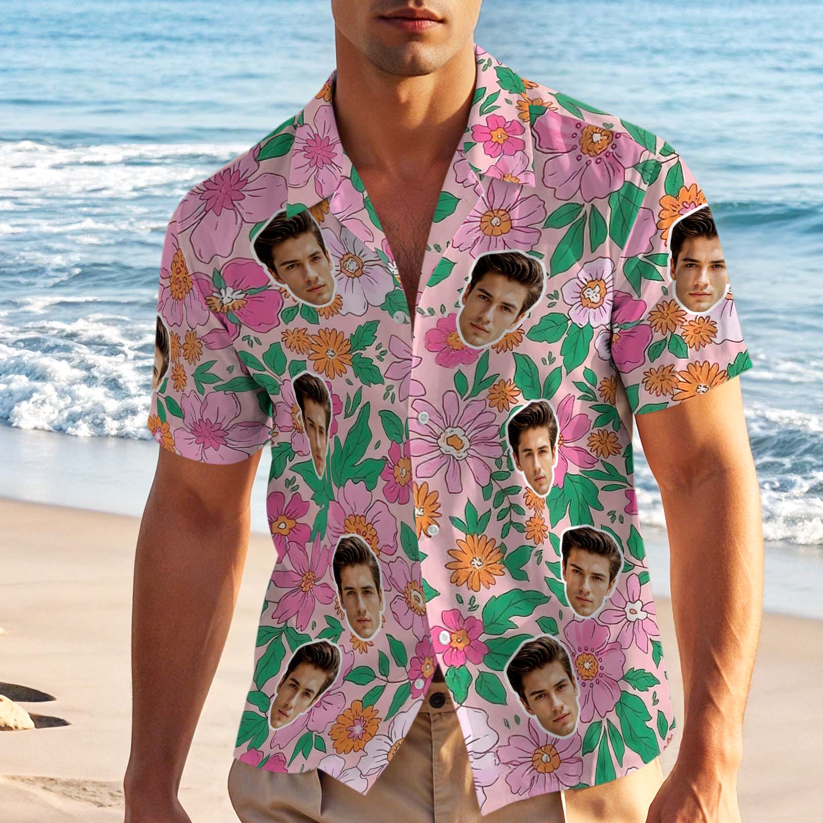Custom Face Floral Print Hawaiian Shirt Personalized Vacation Aloha Shirt Unique Gift for Men