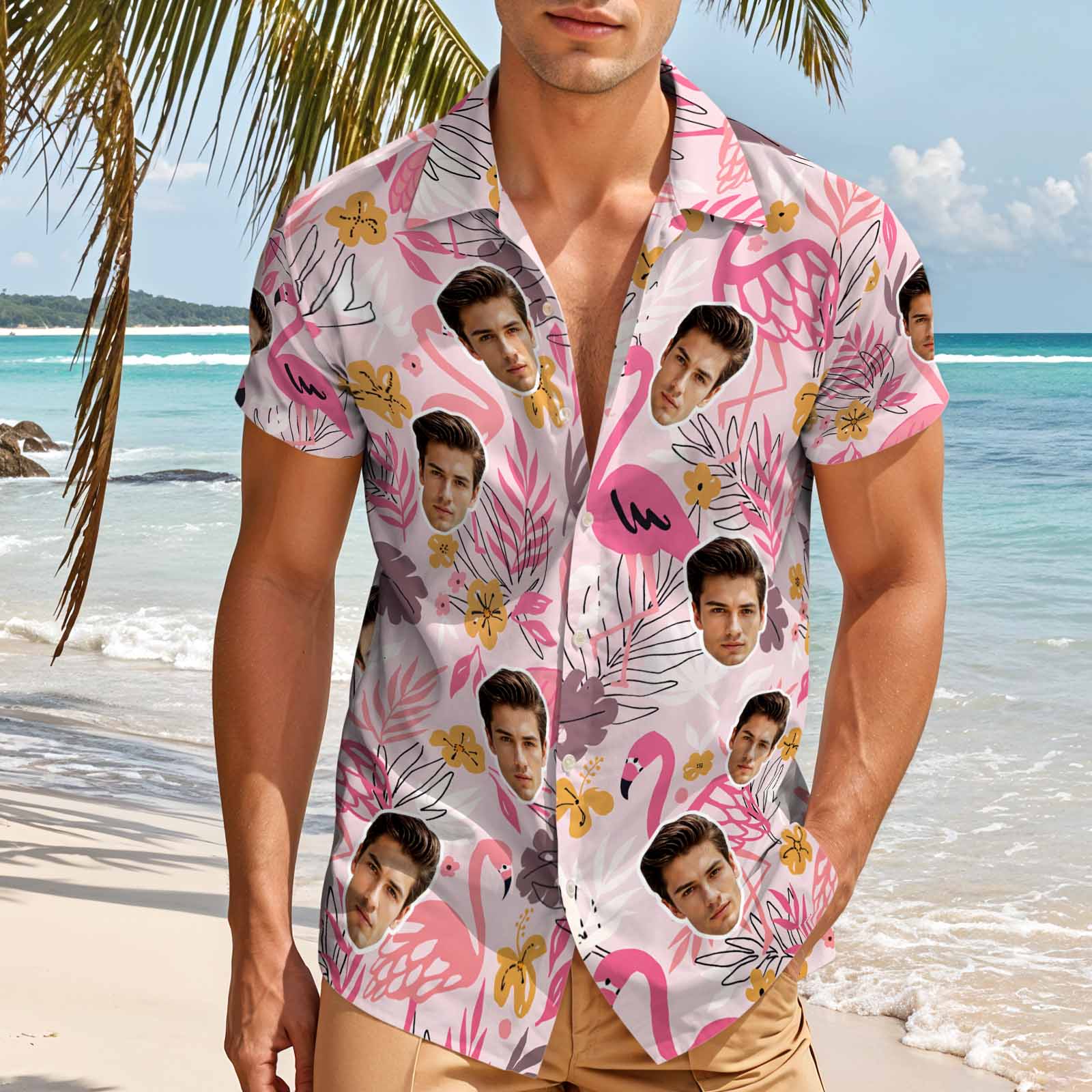 Custom Face Hawaiian Shirt Personalized Photo Beach Shirt Pink Flamingo Shirt