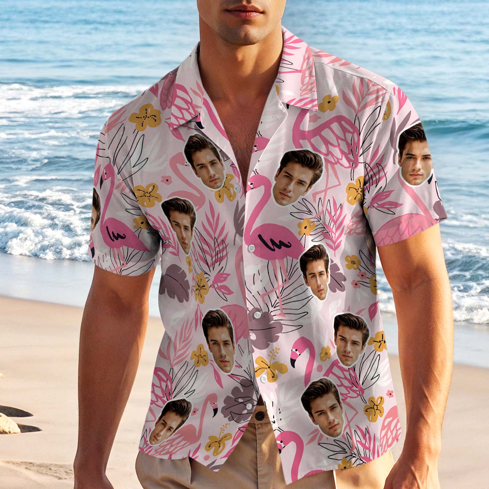 Custom Face Hawaiian Shirt Personalized Photo Beach Shirt Pink Flamingo Shirt